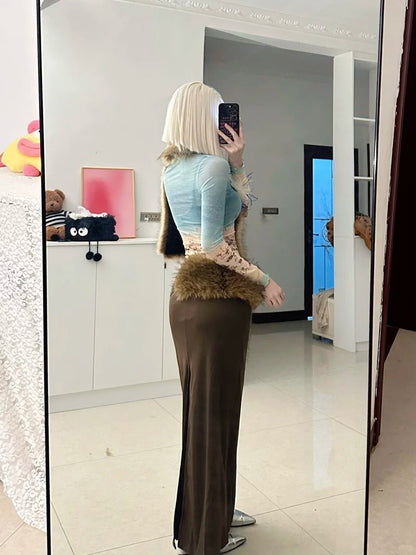 Teal Top with Brown Maxi Skirt and Cream Faux Fur Coat Y2K Three - Piece Set - tutufox - 