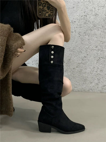 Versatile Foldable Slouchy Leopard Print Suede Retro Chunky Heel Western Knee High Women's Boots - tutufox - shoes