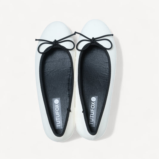 white almond toe bow ballet flats front view 