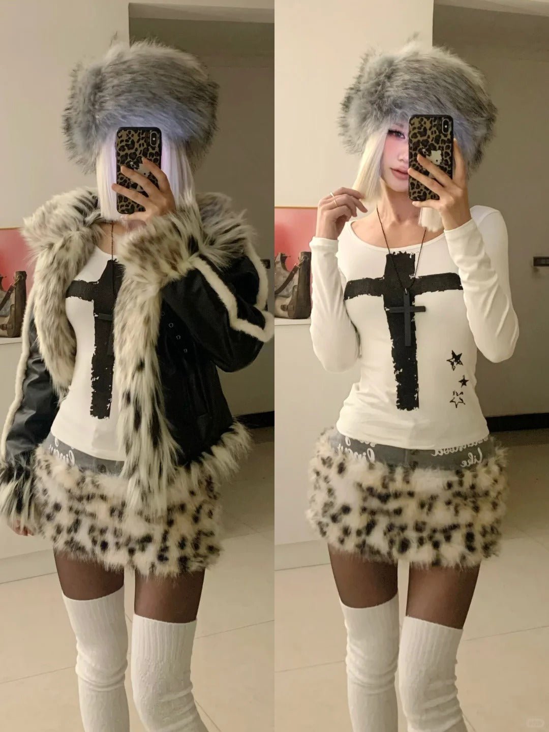 White Cross Print Long Sleeve Top with Leopard Mini Skirt and Black - White Fur Jacket Y2K 3 - Piece Set - tutufox - 
