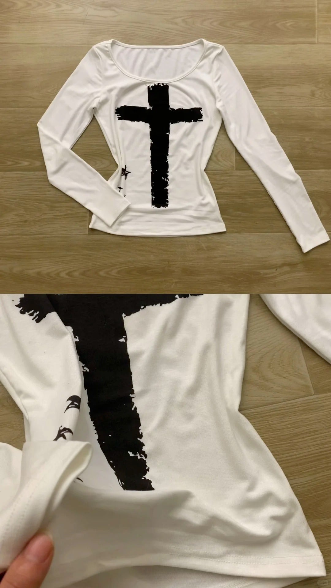 White Cross Print Long Sleeve Top with Leopard Mini Skirt and Black - White Fur Jacket Y2K 3 - Piece Set - tutufox - 