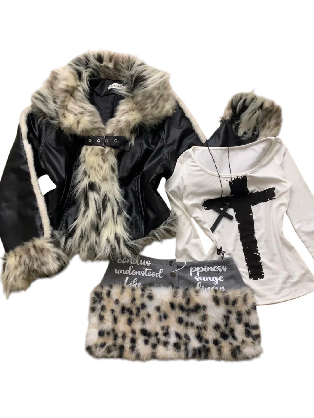 White Cross Print Long Sleeve Top with Leopard Mini Skirt and Black - White Fur Jacket Y2K 3 - Piece Set - tutufox - 