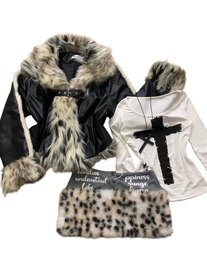 White Cross Print Long Sleeve Top with Leopard Mini Skirt and Black - White Fur Jacket Y2K 3 - Piece Set - tutufox - 