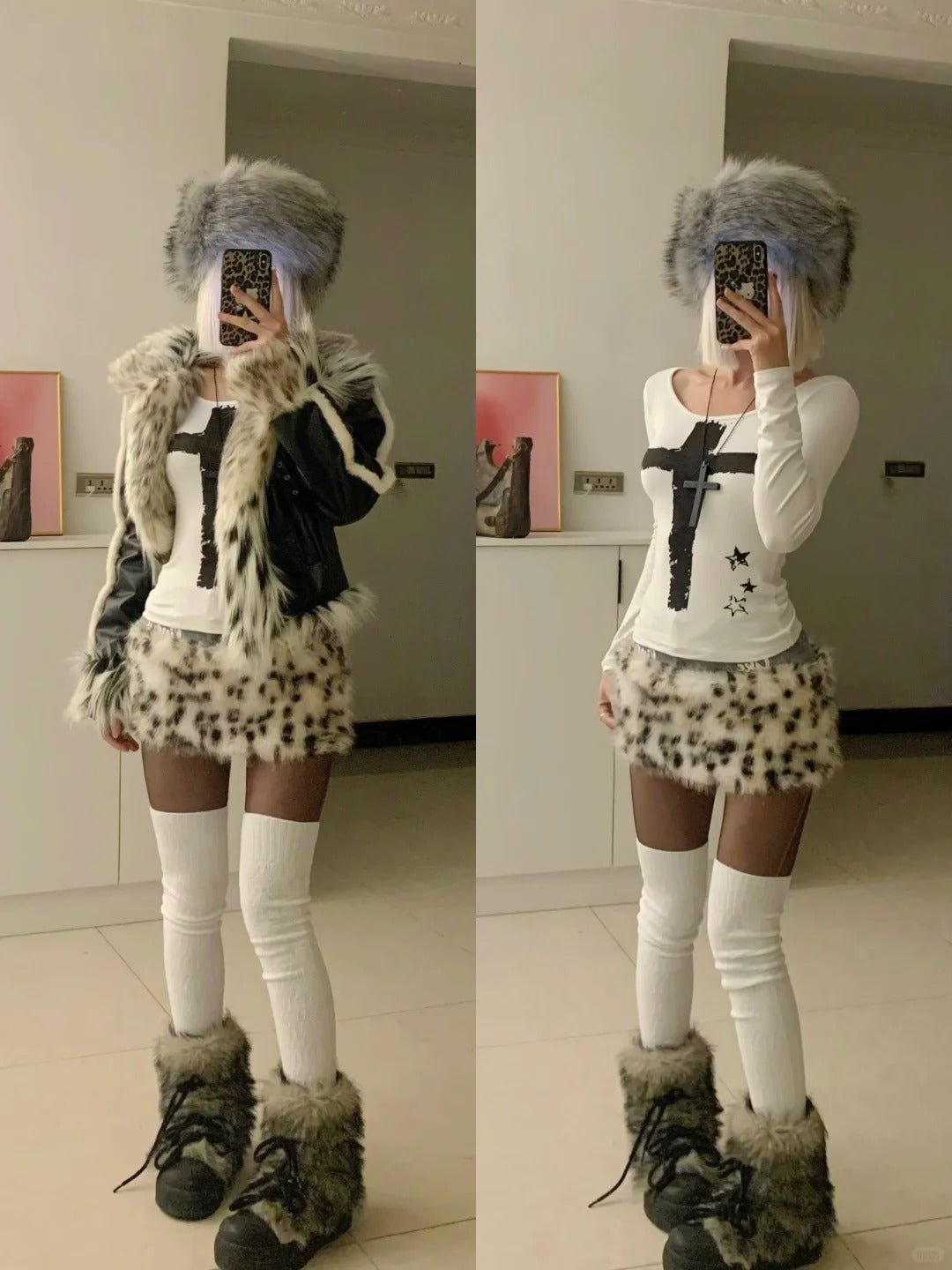 White Cross Print Long Sleeve Top with Leopard Mini Skirt and Black - White Fur Jacket Y2K 3 - Piece Set - tutufox - 