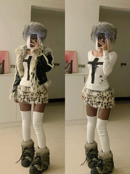 White Cross Print Long Sleeve Top with Leopard Mini Skirt and Black - White Fur Jacket Y2K 3 - Piece Set - tutufox - 