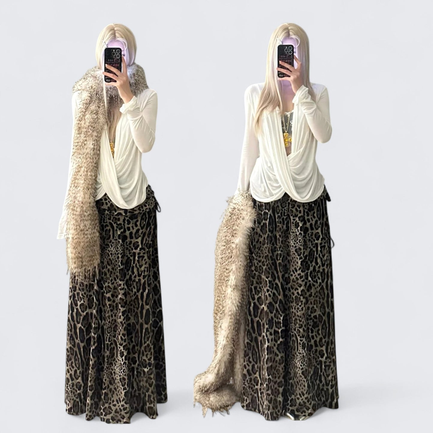White Crossover Top with Leopard Skirt and Fur Scarf Y2K Outfit - tutufox - 