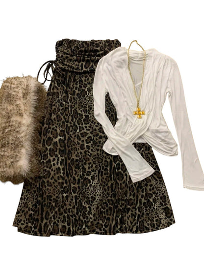 White Crossover Top with Leopard Skirt and Fur Scarf Y2K Outfit - tutufox - 