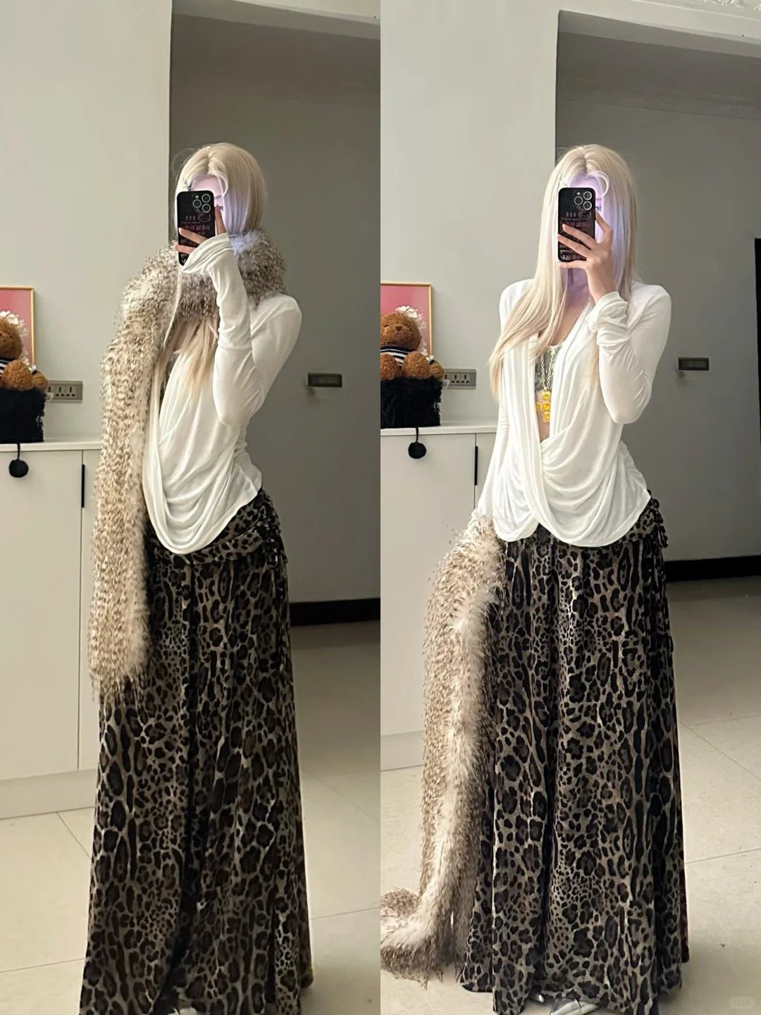 White Crossover Top with Leopard Skirt and Fur Scarf Y2K Outfit - tutufox - 
