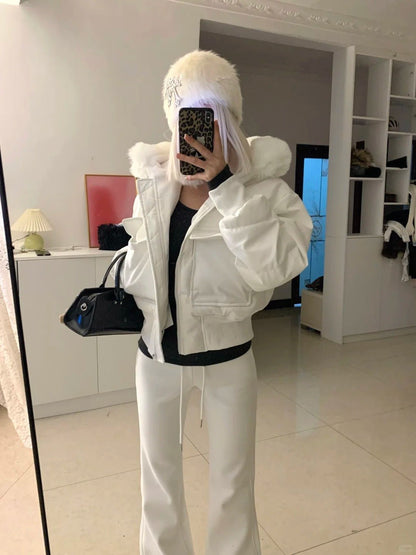 White Fur - Collar Short Jacket with Black Top and White Flared Pants Y2K Outfit - tutufox - 