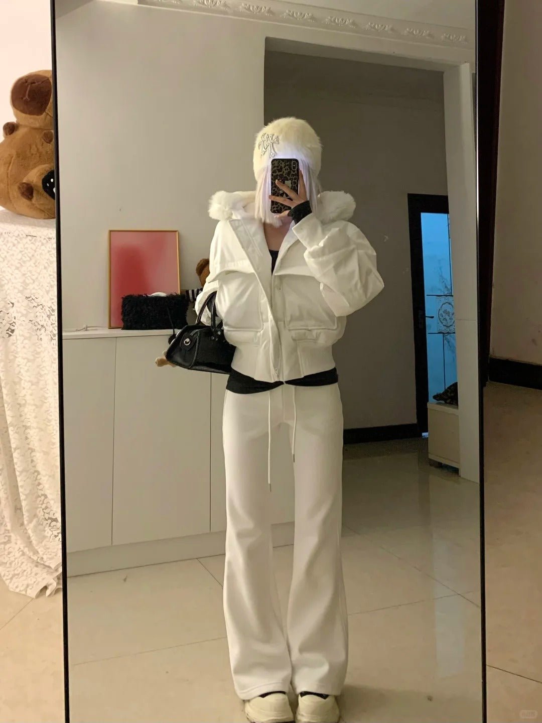White Fur - Collar Short Jacket with Black Top and White Flared Pants Y2K Outfit - tutufox - 