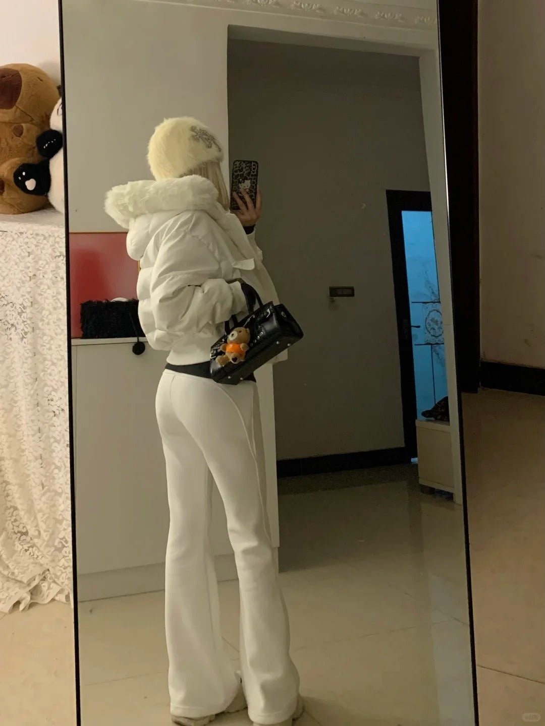 White Fur - Collar Short Jacket with Black Top and White Flared Pants Y2K Outfit - tutufox - 