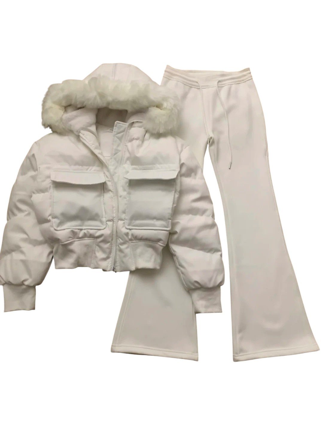 White Fur - Collar Short Jacket with Black Top and White Flared Pants Y2K Outfit - tutufox - 