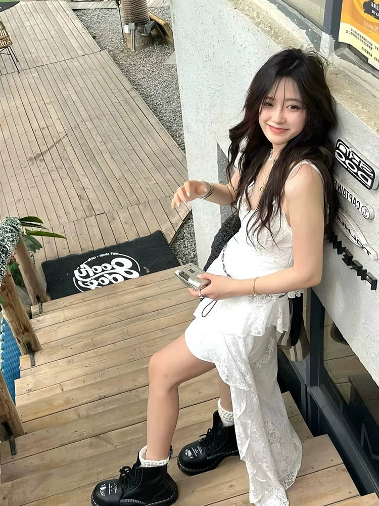 White Lace Spaghetti - Strap Beach Vacation Waist - Cinched Asymmetrical Maxi Dress - tutufox - 