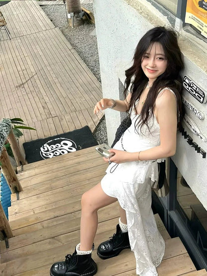 White Lace Spaghetti - Strap Beach Vacation Waist - Cinched Asymmetrical Maxi Dress - tutufox - 