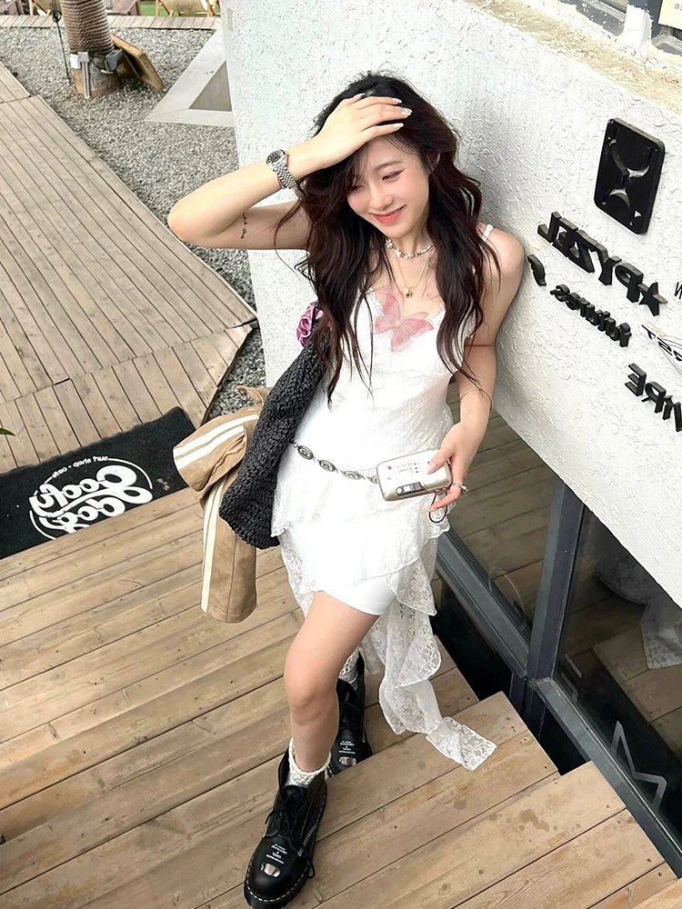 White Lace Spaghetti - Strap Beach Vacation Waist - Cinched Asymmetrical Maxi Dress - tutufox - 