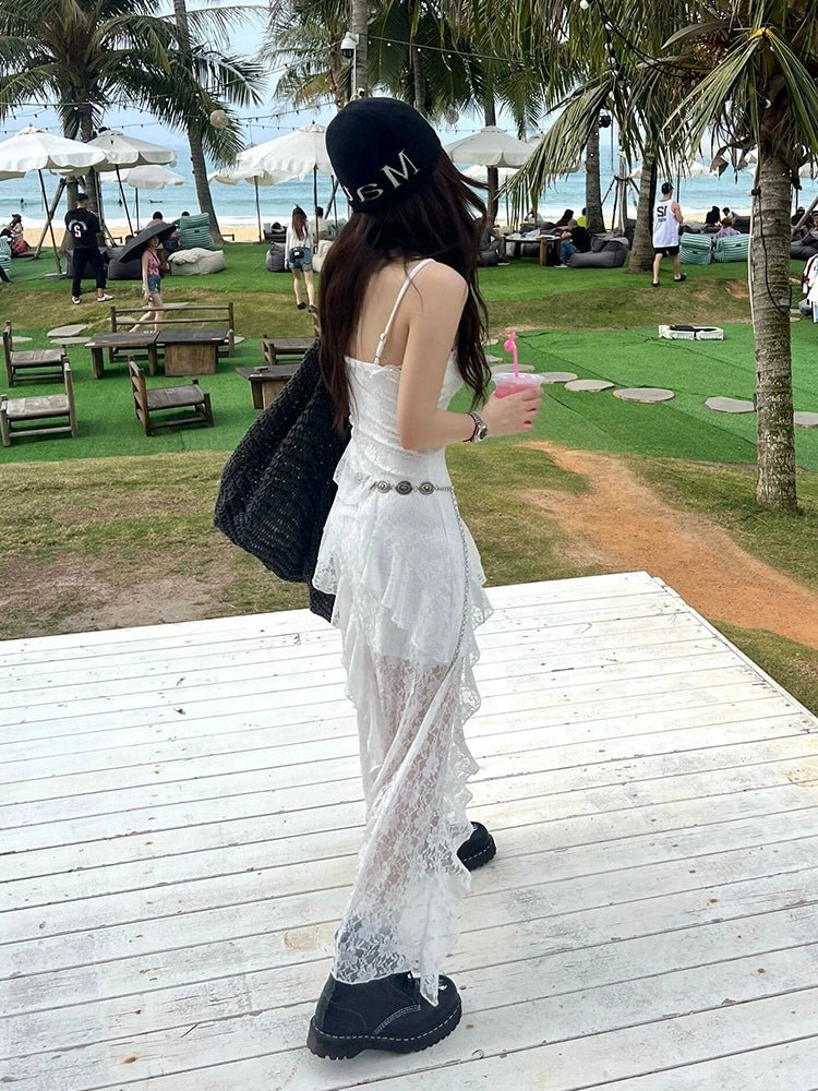 White Lace Spaghetti - Strap Beach Vacation Waist - Cinched Asymmetrical Maxi Dress - tutufox - 