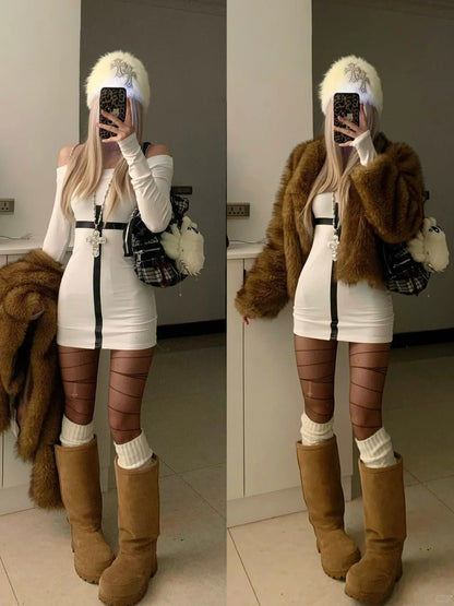 White Off - Shoulder Dress and Brown Fur Coat Y2K Outfit - tutufox - 