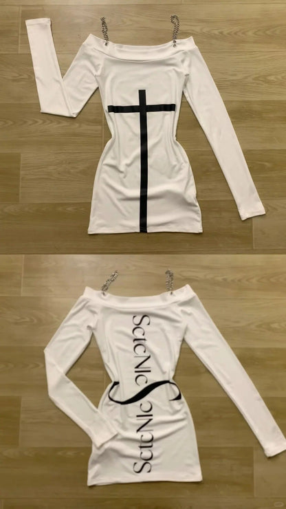 White Off - Shoulder Dress and Brown Fur Coat Y2K Outfit - tutufox - 