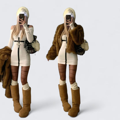 White Off - Shoulder Dress and Brown Fur Coat Y2K Outfit - tutufox - 