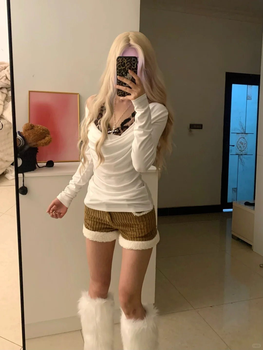 White Off - Shoulder Top and Striped Fluffy Shorts Y2K Two Piece Sets - tutufox - 