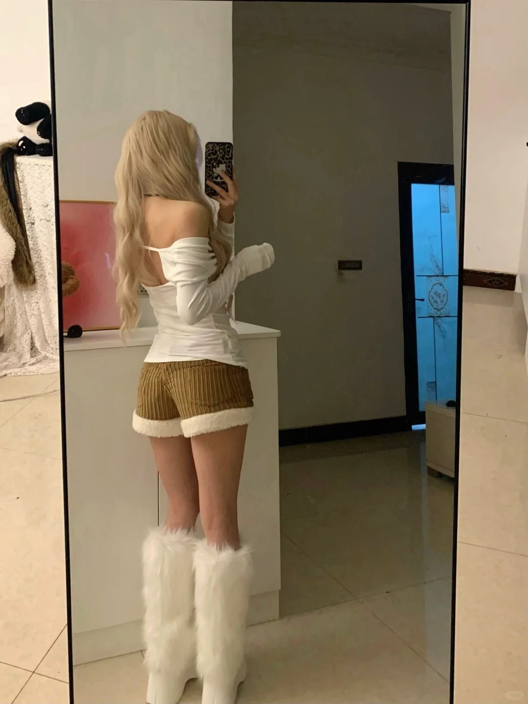 White Off - Shoulder Top and Striped Fluffy Shorts Y2K Two Piece Sets - tutufox - 