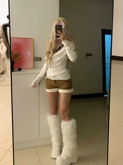 White Off - Shoulder Top and Striped Fluffy Shorts Y2K Two Piece Sets - tutufox - 