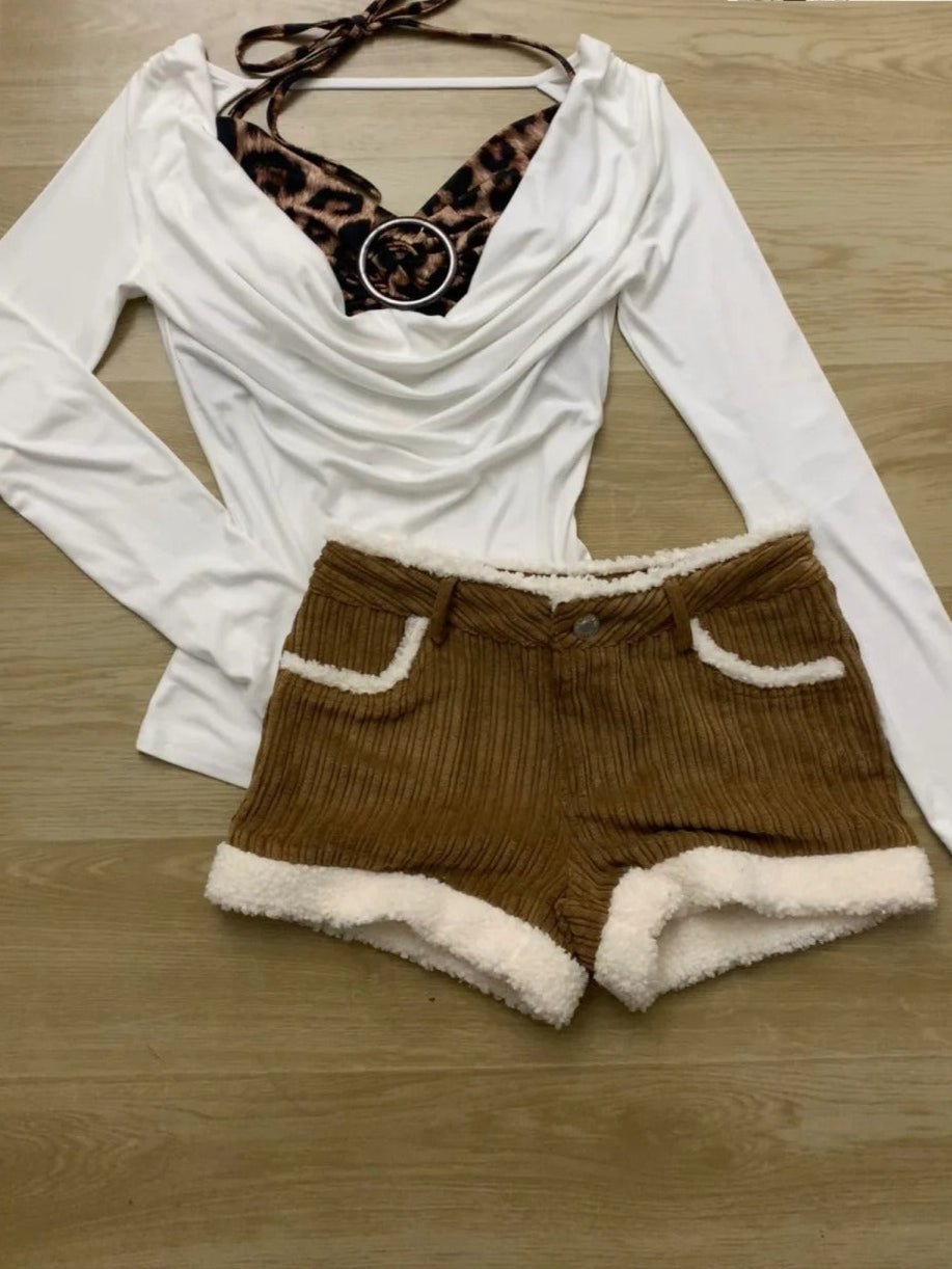 White Off - Shoulder Top and Striped Fluffy Shorts Y2K Two Piece Sets - tutufox - 