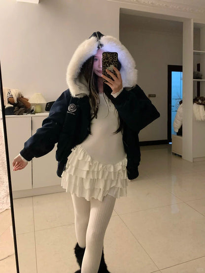 White Ruffle Mini Skirt with Navy Fur - Collar Short Jacket Y2K Outfit - tutufox - 