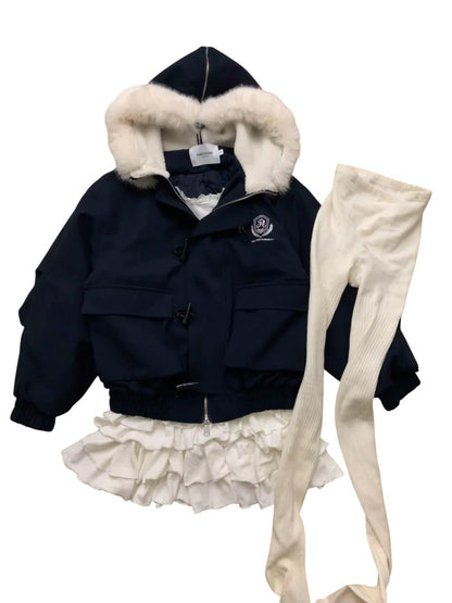 White Ruffle Mini Skirt with Navy Fur - Collar Short Jacket Y2K Outfit - tutufox - 