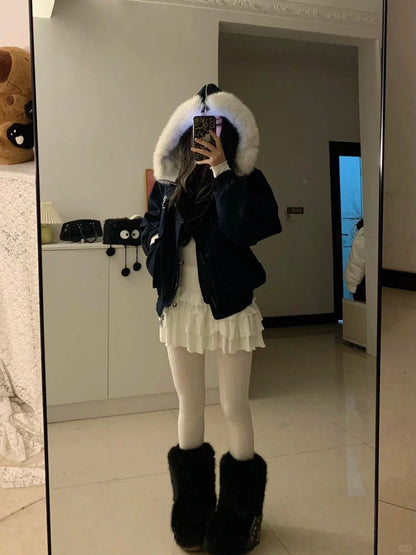 White Ruffle Mini Skirt with Navy Fur - Collar Short Jacket Y2K Outfit - tutufox - 