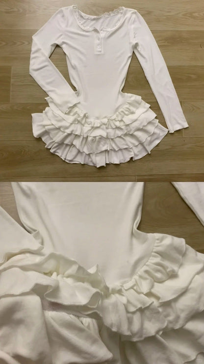 White Ruffle Mini Skirt with Navy Fur - Collar Short Jacket Y2K Outfit - tutufox - 