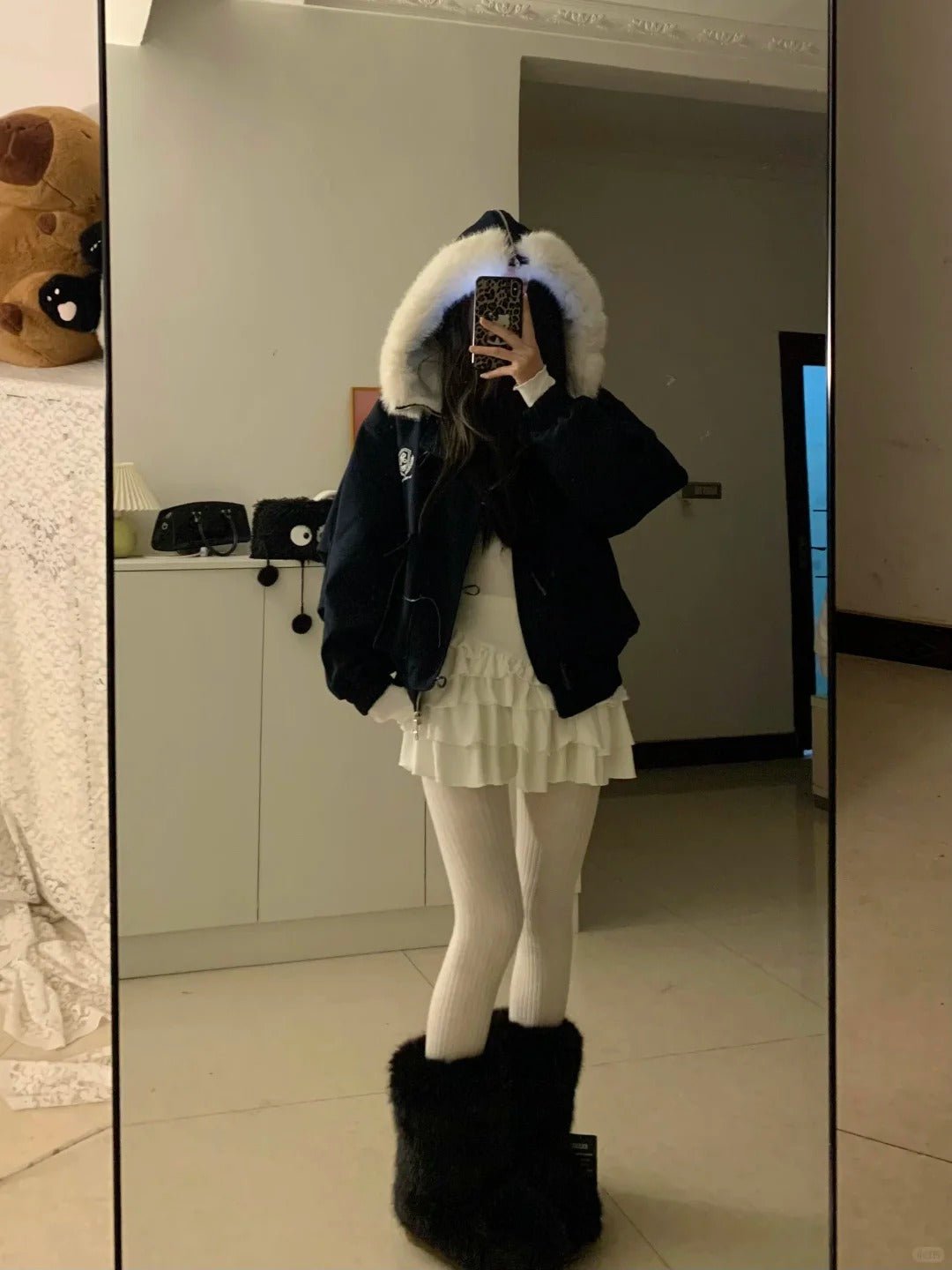 White Ruffle Mini Skirt with Navy Fur - Collar Short Jacket Y2K Outfit - tutufox - 