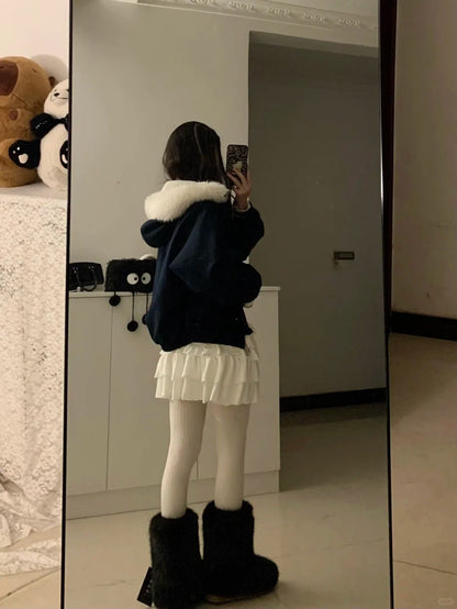 White Ruffle Mini Skirt with Navy Fur - Collar Short Jacket Y2K Outfit - tutufox - 
