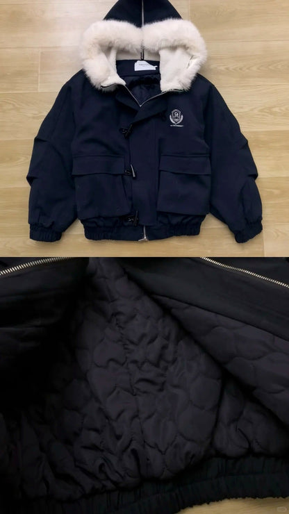 White Ruffle Mini Skirt with Navy Fur - Collar Short Jacket Y2K Outfit - tutufox - 