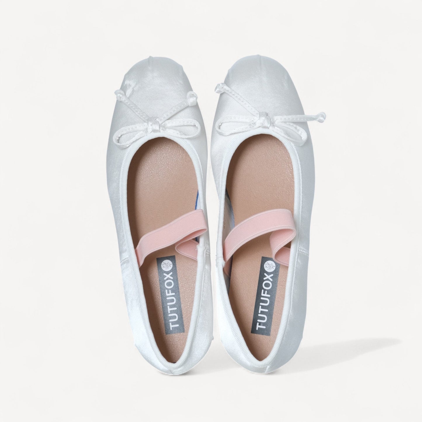 White Satin Ballet Bow Elastic Strap Flats - tutufox - shoes