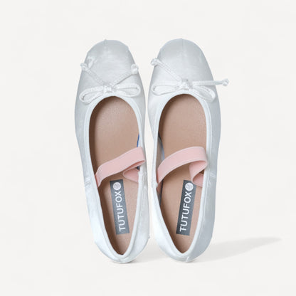 White Satin Ballet Bow Elastic Strap Flats - tutufox - shoes