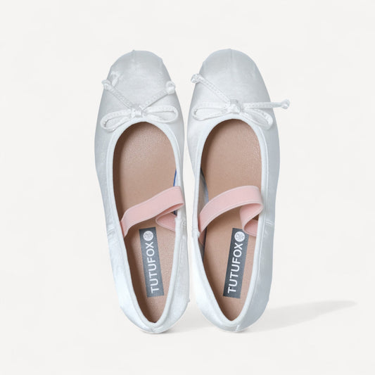 White Satin Ballet Bow Elastic Strap Flats - tutufox - shoes