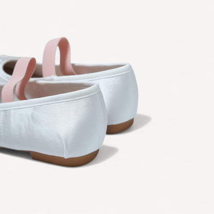White Satin Ballet Bow Elastic Strap Flats - tutufox - shoes