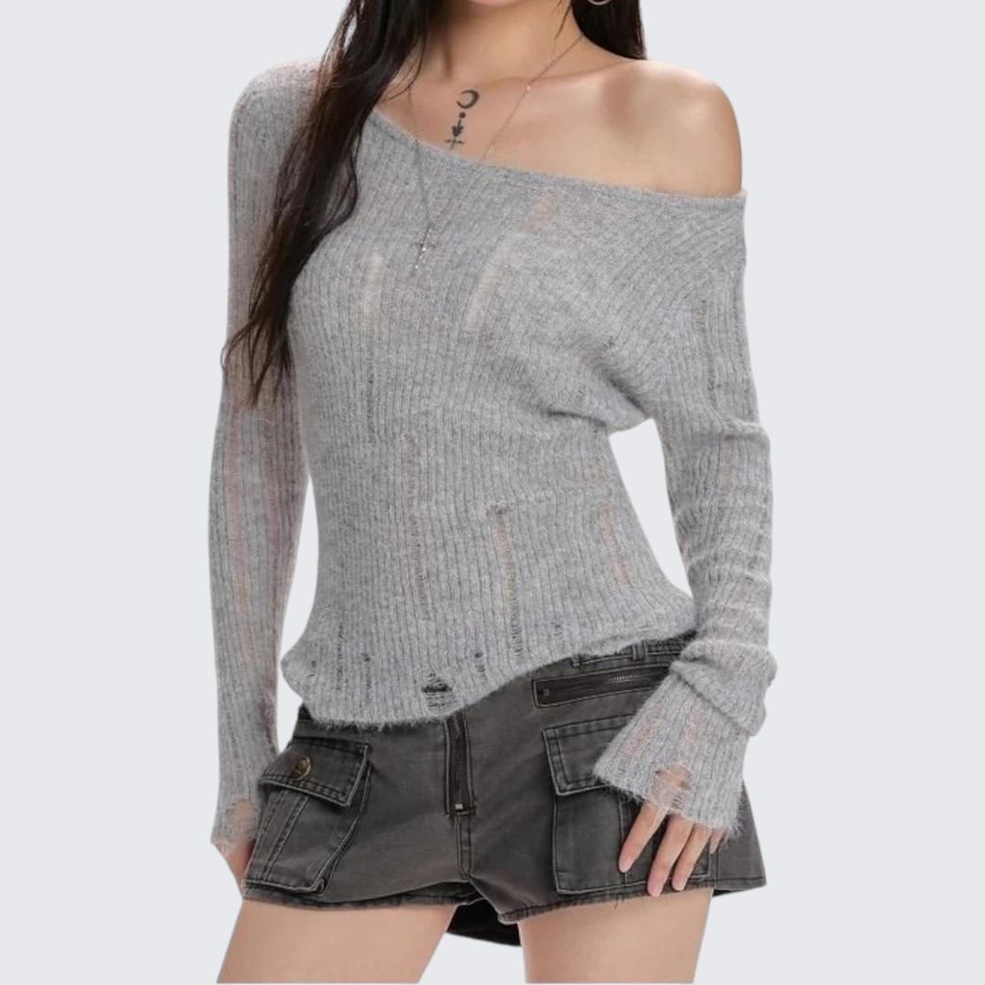 White Slant-Shoulder Long-Sleeve Knitted Sweater For Women - Spring & Autumn
