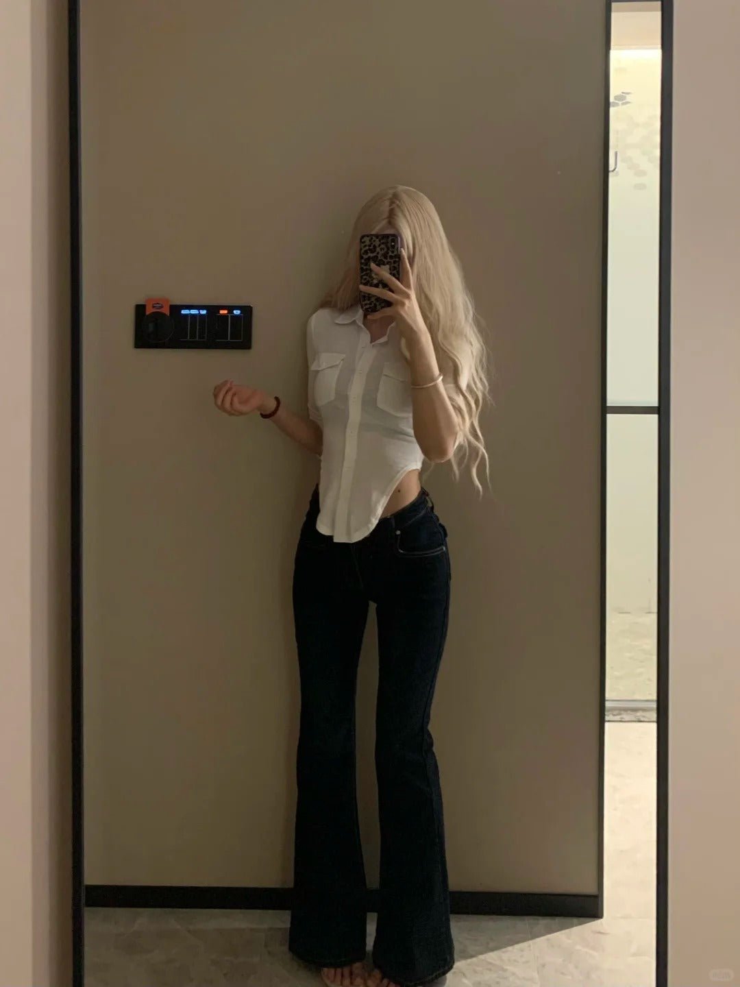 White Slim Shirt and Flare Jeans Y2K Outfit - tutufox - 