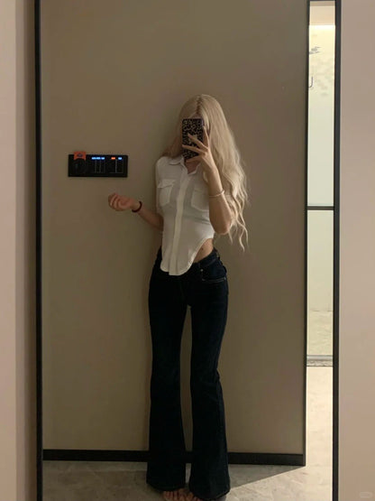 White Slim Shirt and Flare Jeans Y2K Outfit - tutufox - 