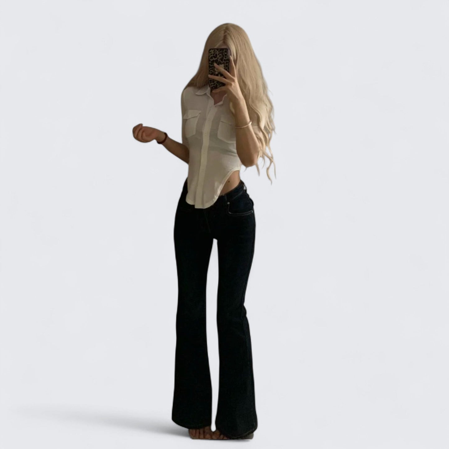 White Slim Shirt and Flare Jeans Y2K Outfit - tutufox - 