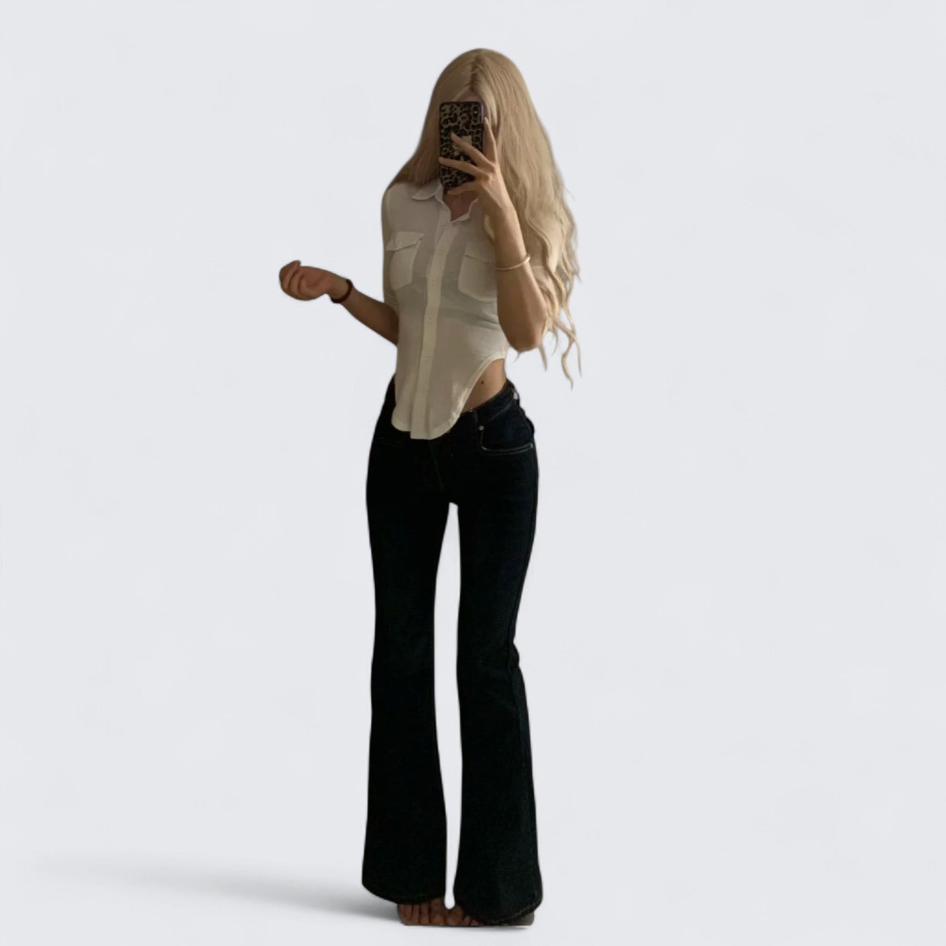 White Slim Shirt and Flare Jeans Y2K Outfit - tutufox - 
