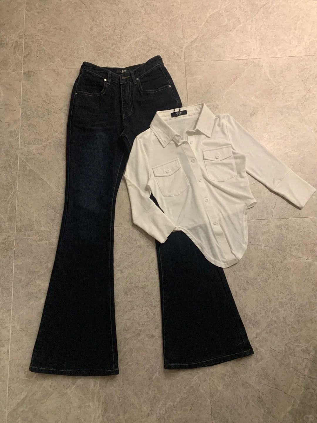 White Slim Shirt and Flare Jeans Y2K Outfit - tutufox - 