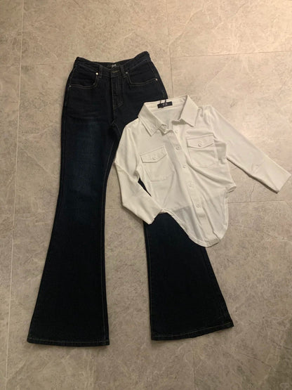 White Slim Shirt and Flare Jeans Y2K Outfit - tutufox - 