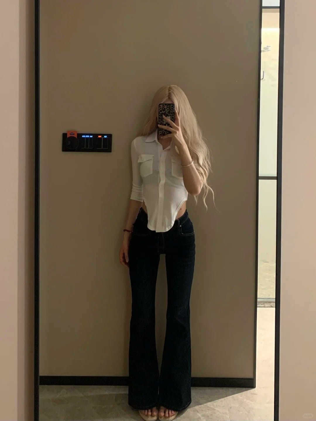 White Slim Shirt and Flare Jeans Y2K Outfit - tutufox - 