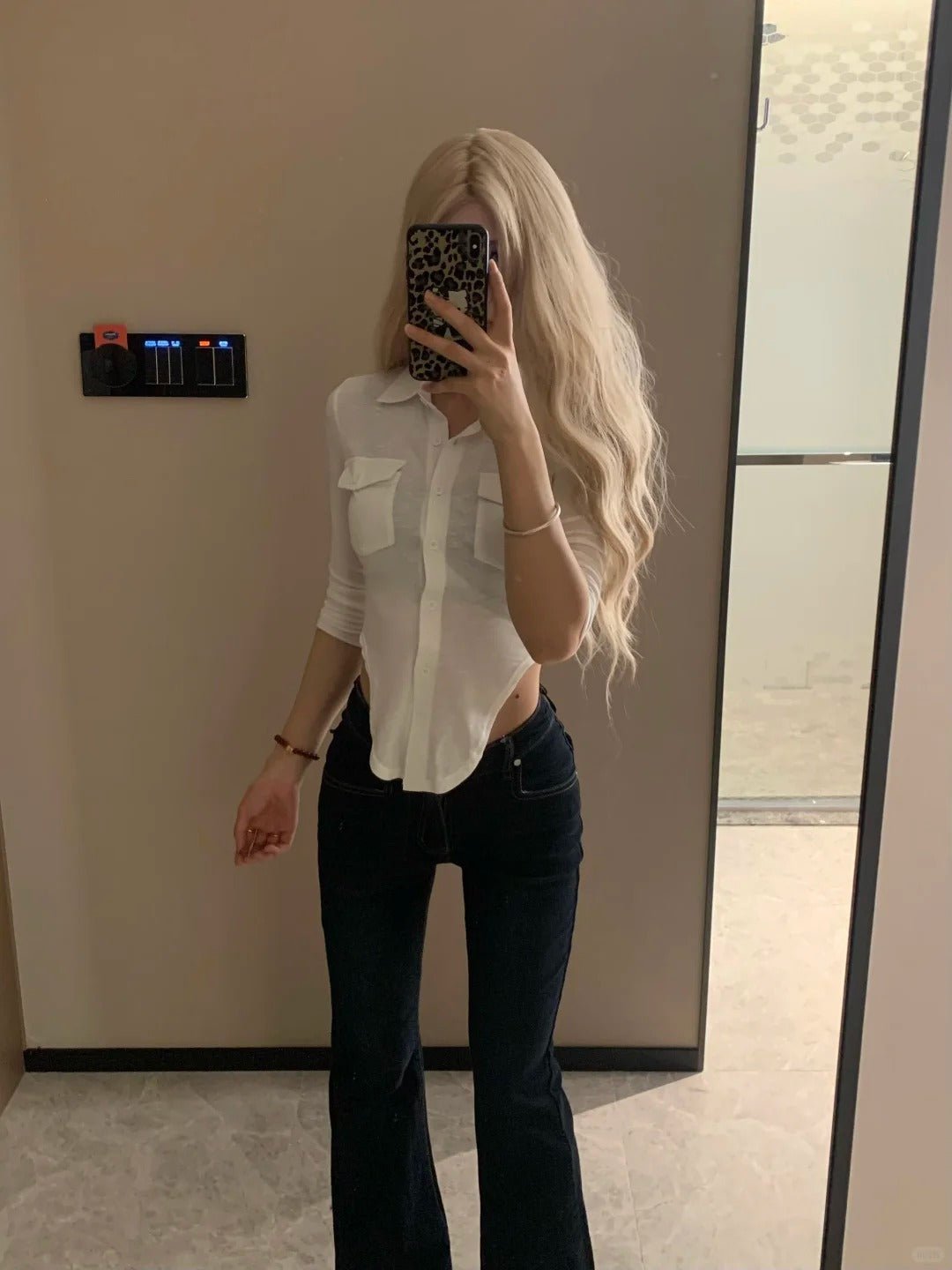 White Slim Shirt and Flare Jeans Y2K Outfit - tutufox - 