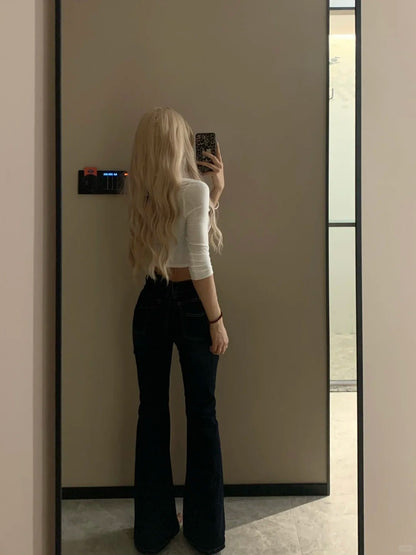 White Slim Shirt and Flare Jeans Y2K Outfit - tutufox - 