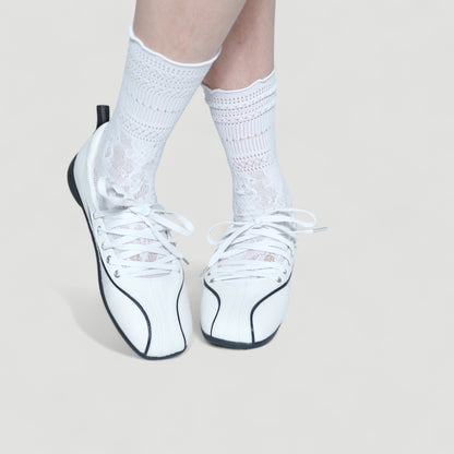 White Soft Leather Square Toe Balletsneaker Flats - tutufox - shoes
