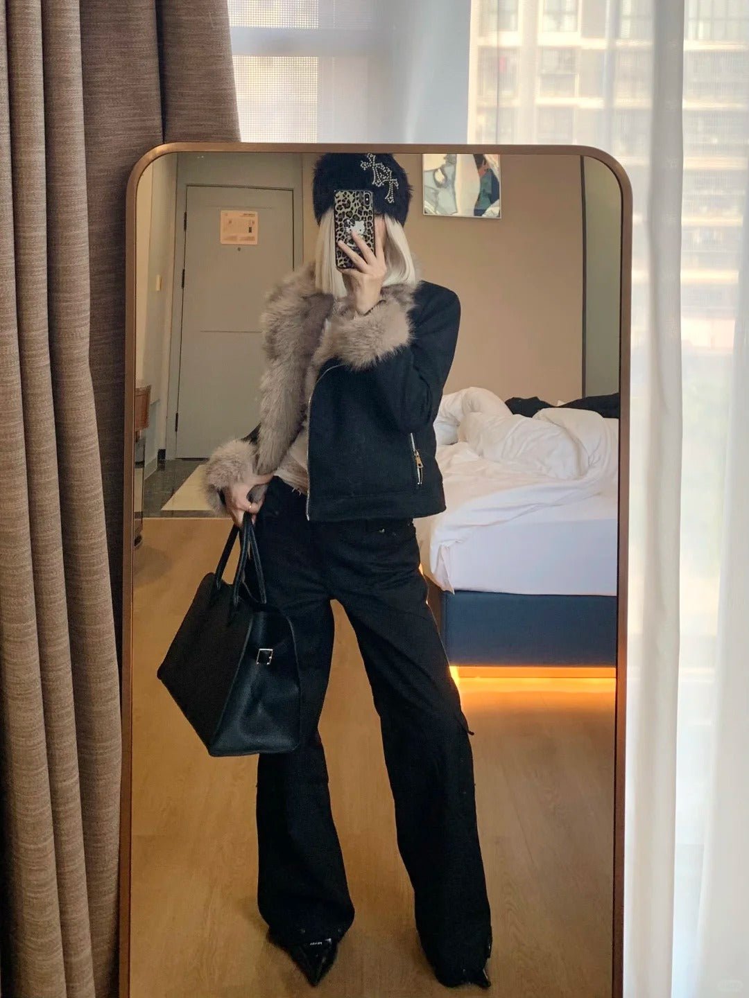 White Top with Black Light - Brown Fur - Collar Short Jacket and Black Wide - Leg Pants Y2K Outfit - tutufox - 